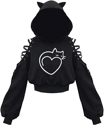 Womens Cat Ear Hoodie Pullover Long Sleeve Off Shoulder Cute Crop Top Hoodies Sweatshirt