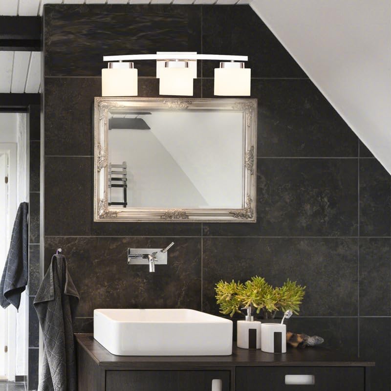 Miniatura 6 de Lámpara de baño de 3 luces sobre el espejo, moderna lámpara de tocador cromada con pantalla de vidrio lechoso, luz de baño de 23 pulgadas para