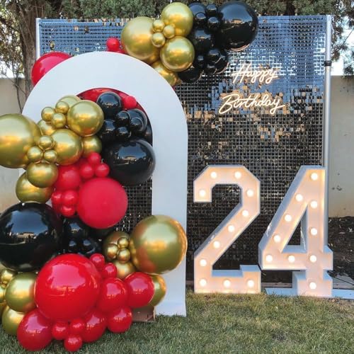 Image of 153Pcs Red and Black Gold Balloons Garland Arch Kit - 18 12 10 5 inch Different Size Black and Red Metallic Gold Balloons for Casino Anniversary Night Hollywood Movie Night Party Decorations