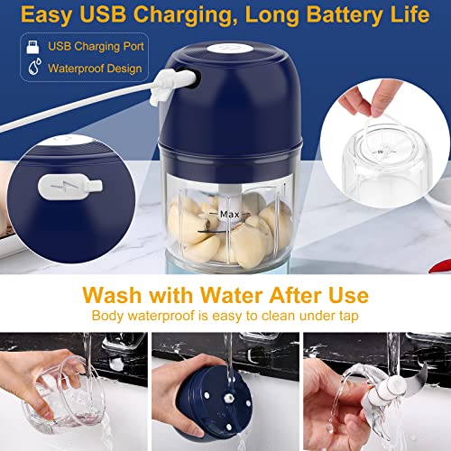 BlumWay Mini hachoir électrique 2 en 1 pour ail, batteur à œufs, hachoir sans fil plus puissant, mélangeur portable pour légumes, fruits, 250 + 250 ml (bleu) – Image 5