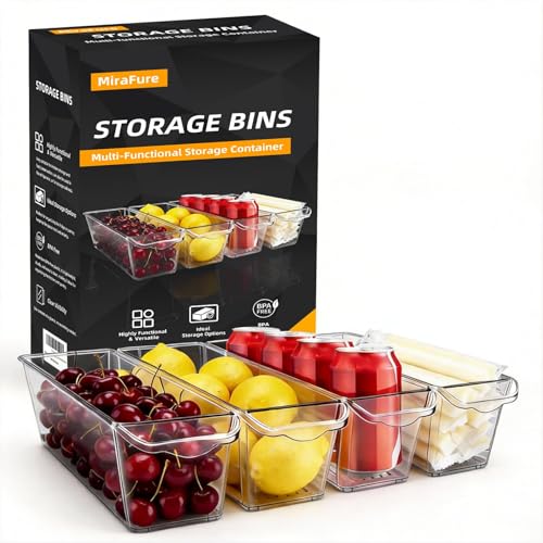 4 Pack Slim Fridge Organizer Bins, BPA Free Clear Refrigerator Storage Containers, Clear Pantry Organization & Cabinet Bins with Handles, Narrow Freezer Bin for Kitchen, Mini Fridge