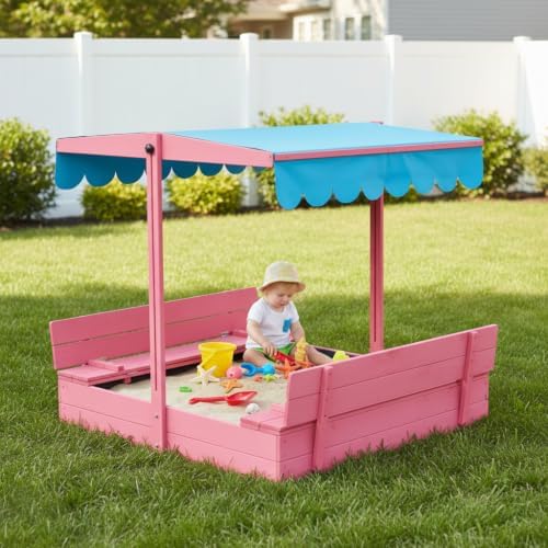 Sandbox with Cover for Kids Outdoor, 2026 New Wooden Sand Boxs with 2 Foldable Bench Seats & Adjustable UV-Resistant Canopy, Includes Protection Bottom Liner, Ideal for Backyard Beach Play (Pink)