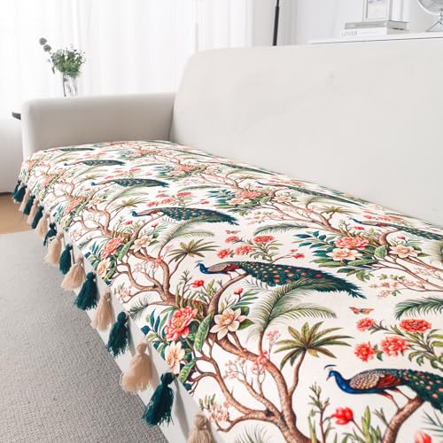 Image of HOKIPO Printed Holland Velvet Sofa Cover with Tassel for 1 /2 /3 Seater & L Shape Sofa | Make Your Own Set, 'Whispers of Nature' Sofa Mat, 70(W) x 60(L) cm, Multicolor Tropical Peacock (IN-1117-D1)
