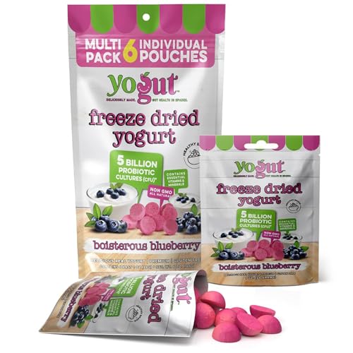 YoGut Freeze Dried Yogurt Snack, Blueberry, 6 Pack, Healthy Snacks for Kids, Toddlers & Adults, Gluten Free, Non GMO, With 5 Billion Live Probiotics, Vitamins & Minerals, Individual Snack Packs