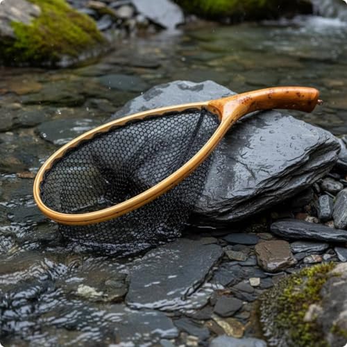 Épuisette à manche en bois de qualité et filet résistant