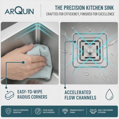 Image of ARQUIN Kitchen Sink 18x16x10 Inch Handmade Sink Matt Finish Single Bowl Heavy Grade Stainless Steel Kitchen Sinks | Basin For Kitchen With Square Drainer and Adjustable Fruit Basket