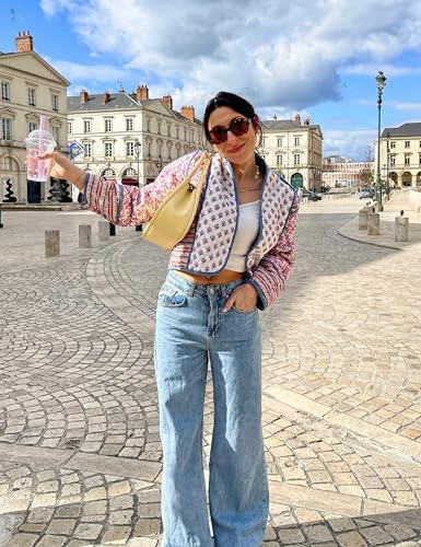 OPCAKM Women's Cropped Floral Print Quilted Jacket Lightweight Coats Open Front Puffer Outerwear2