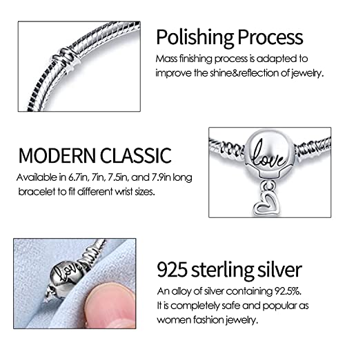 Image of 925 Sterling Silver Snake Chain Bracelets Fit Pandora Charms,Heart Clasp Bracelets Perfect For Any Glamour Gift for Women with 5 A Cubic Zirconia