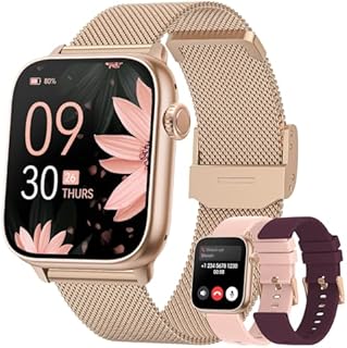 AKUMAKA Smartwatch Damen mit Telefonfunktion, 1,85 Zoll HD Voll Touchscreen, Armbanduhr mit Menstruationszyklus 120+ Sport Pulsuhr SpO2 Schlafmonitor Fitness Tracker IP68 Sportuhr Android iOS Roségold
