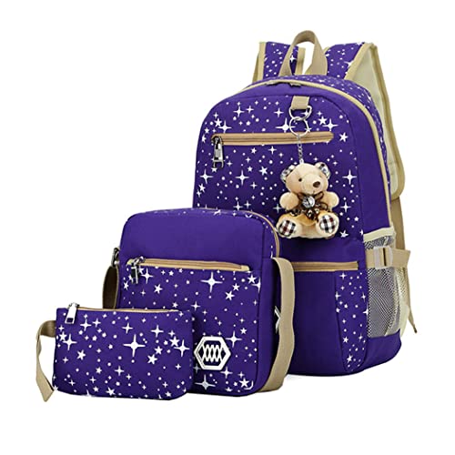 Conjunto de 3 peças de mochila para escola primária, mochilas escolares casuais mochilas diurnas, Estrela B - roxo, Medium, Estampa de estrela - b