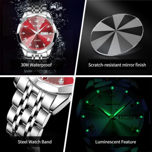 Image of OLEVS Watch for Men Diamond Business Dress Analog Quartz Stainless Steel Waterproof Luminous Date Two Tone Luxury Casual Wrist Watch Blue