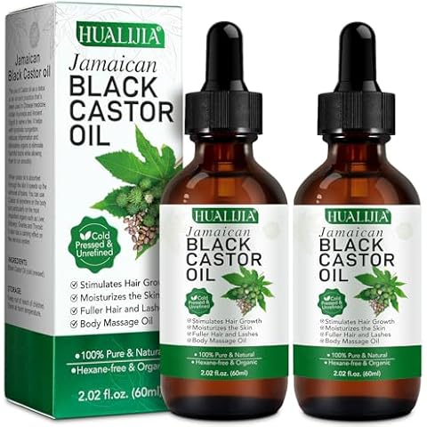 HUALIJIA Castor Oil (2Pack), Jamaican Black Castor Oil Organic Cold Presse Glass Bottle, Castor Oil for Hair and Eyelashes Growth, Skin Moisturizer and Body Massag Oil, Hexane Free, 2.02 Fl Oz Cover
