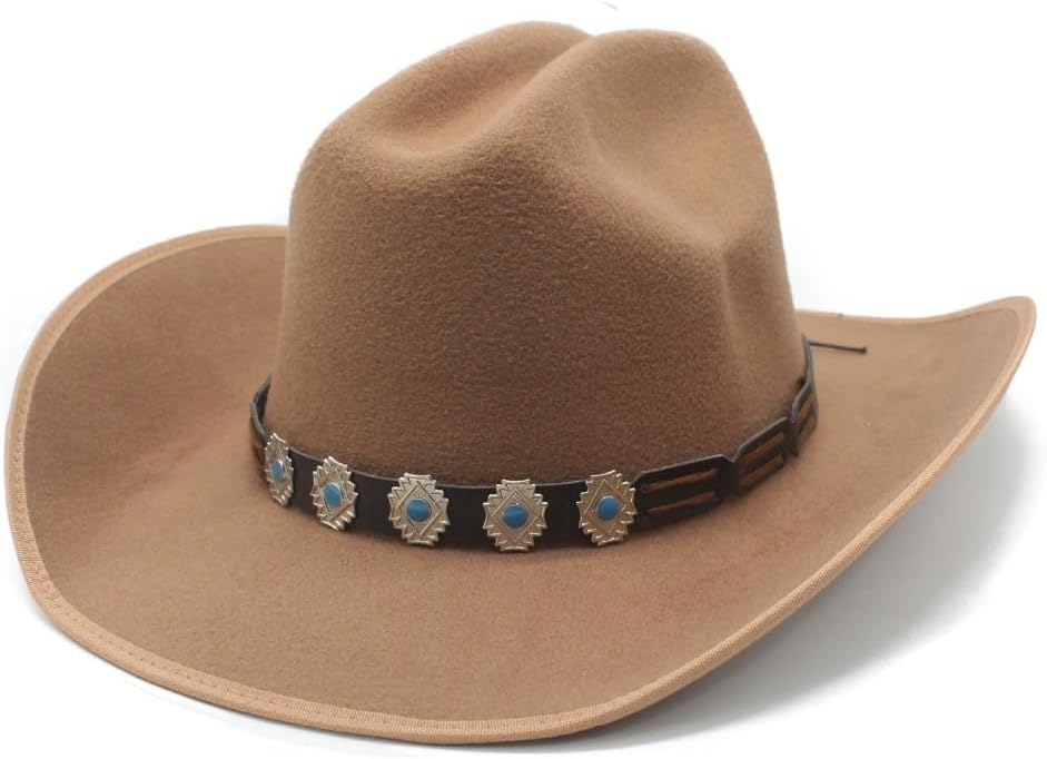 Western Cowboy Hat with Turquoise Studded Band, Tan Felt, Wide Brim