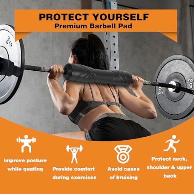 Rubber Barbell Pad, Squat Pad, Hip Thrust Pads, Neck Shoulder Protective Pads For Lunges, Squats And Hip Thrust Fit Standard Bar (Black)