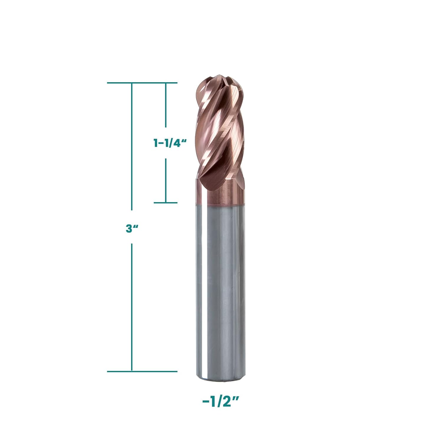 NZ 4 Flute 1/2" Ball Nose End Mill with TiSiN Coating, Milling Cutter HRC55 for Machining Stainless Steel, Alloy Steel, Titanium Alloy