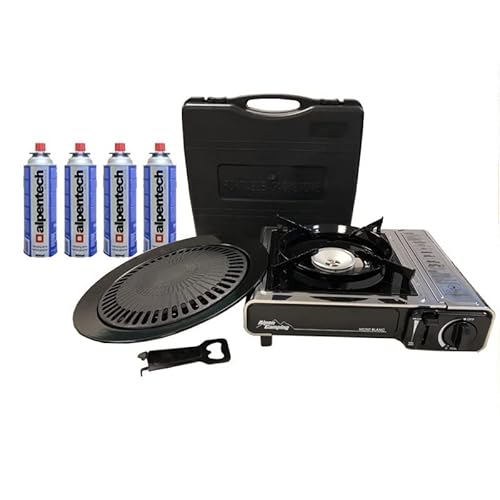 Barbecue Grill 2en1 Réchaud gaz piezo 2200W ALPEN MONT BLANC + Grille + 4 cartouches gaz 227g gaz Butane Camping Cover