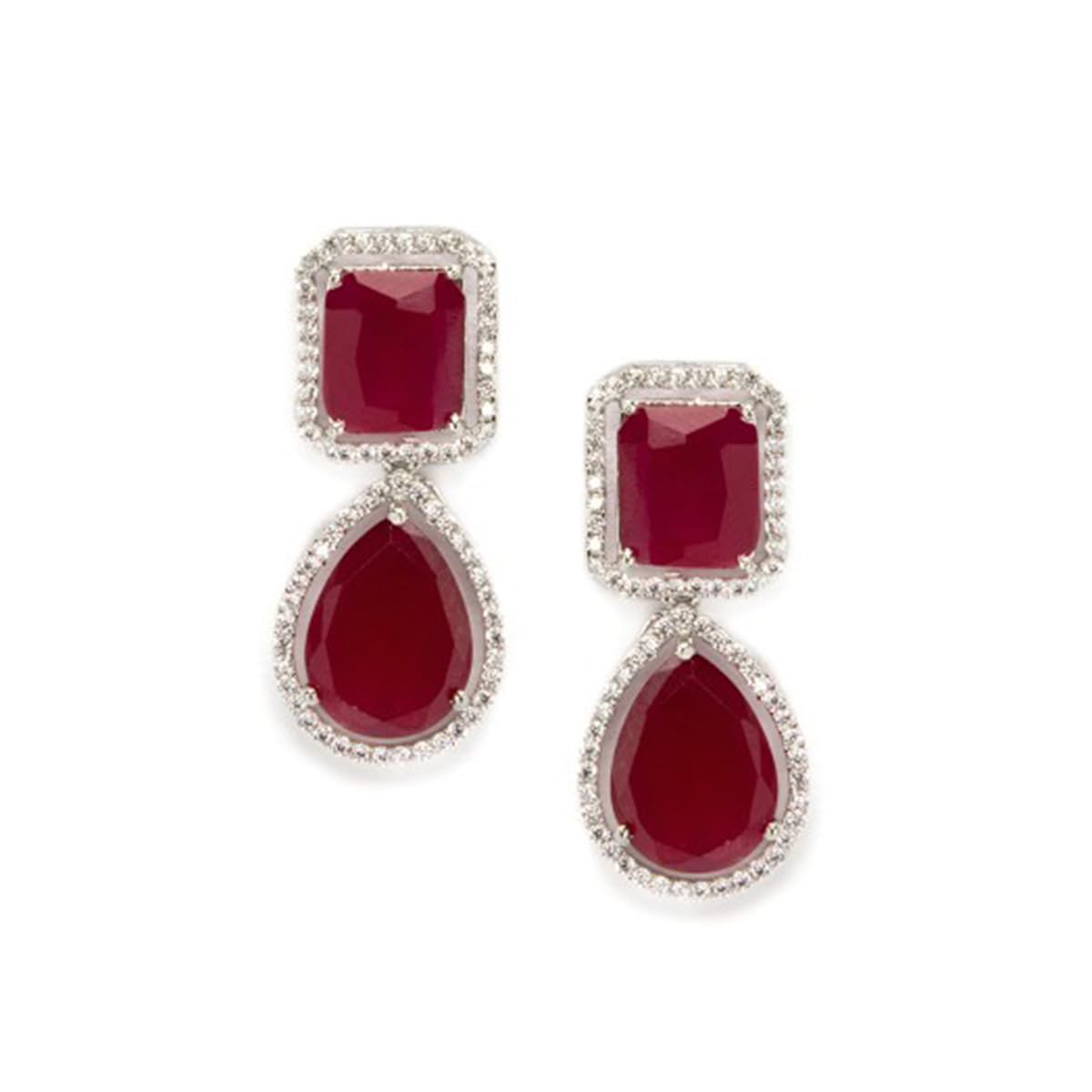 Silver-Toned Pink CZ Studded Emerald Embellished Drop Earrings For Women-image-13