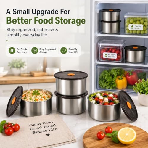 Image of Sinbyuer Stainless Steel Lunch Box 500ML with Airtight Lid, Food Storage Container for Office, School & Travel, Reusable Steel Tiffin Container for Snacks, Meals & Leftovers (2)