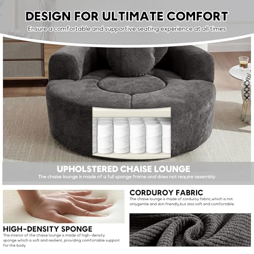 Image of Oversized Round Chair Lounge Chaise Indoor, 54.3 inch Upholstered Corduroy Deep Seat Single Cloud Sofa Chair with Heart-Shaped Pillow Modern Large Circle Boneless Couch for Living Room, Black