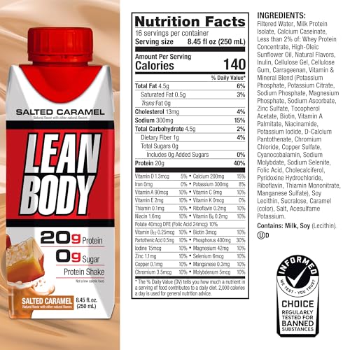 Image of Lean Body Ready-to-Drink Salted Caramel Protein Shake, 20g Protein, Whey Blend, 0 Sugar, Gluten Free, 22 Vitamins & Minerals, (Recyclable Carton & Lid - Pack of 4)