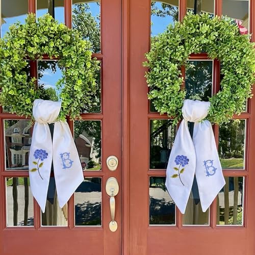 Boxwood Wreath for Front Door Spring Summer Wreaths Farmhouse Hanger,Last Name Initial Year Round Porch Decor,20 inch Multi Occasion use Wreath with Personalized Monogram sash Embroidered -(B) by Vofuly - Used condition - Image 7