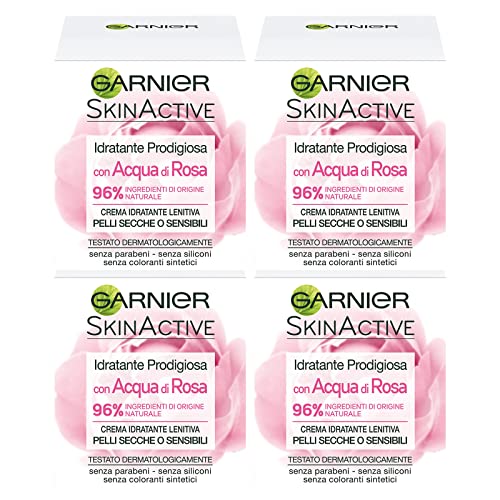 GARNIER SkinActive Crema Viso Idratante Prodigiosa Acqua di Rosa Azione Lenitiva Pelli Secche o Sensibili Formula Dermatologicamente Testata Ingredienti 96% di Origine Naturale-4 Barattoli da 50ml