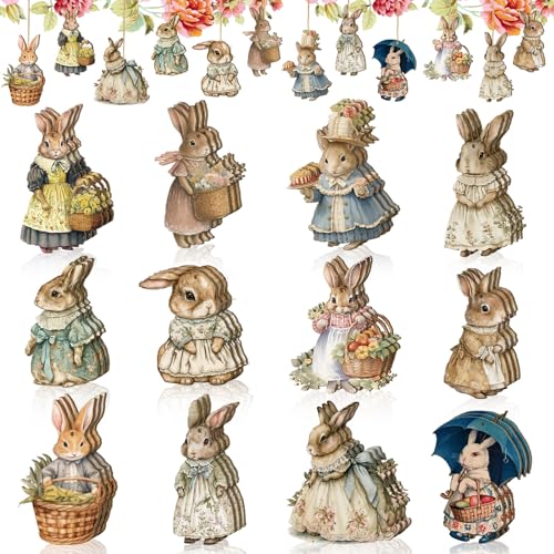 36 Pcs Easter Ornaments Easter Tree Decorations Hanging Bunny Flower Basket Wooden Bunny Hanging Decorations Spring Decorative Ornaments for Home