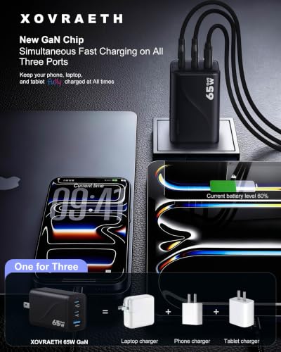 Image of Super Fast 65W GaN USB-C 3-Port Foldable Charger for Samsung S26 Ultra /S26 /S26+ /S25 Ultra /S25 /S24 Ultra /S24 /S23 Ultra /S22 Ultra, iPhone 17 /16 /15 /14 /13 /12, MacBook Pro /Air & iPad Pro