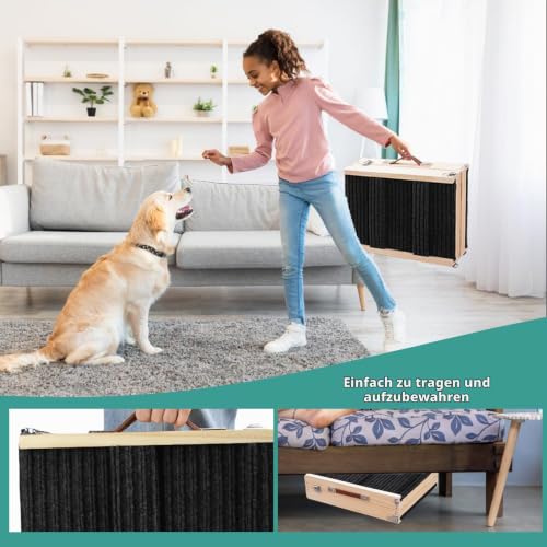 Umtiti Haustierrampe aus Holz, zusammenklappbar, tragbar, 4 Stufen, verstellbar, 22,9 cm bis 43,9 cm, mit Rutschfester 5 Pfoten-Traktionsmatte für kleine, mittelgroße Hunde.Dog Ramps-BK,DE