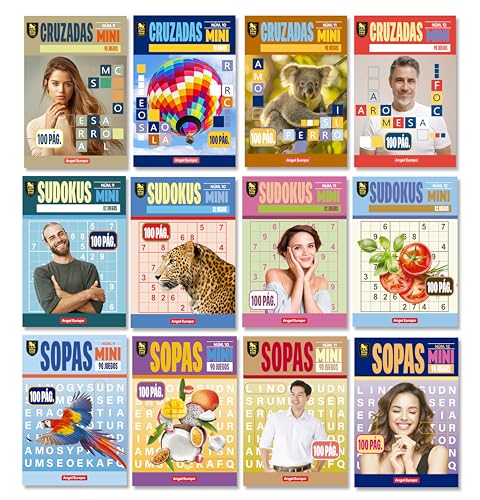 Pasatiempos Angel Europa Mega Pack Libros de Bolsillo, 100 páginas   Elige tu Pack de 3, 4 o 12 Libros de Sudokus, Sopas o Cruzadas   Formato Mini 11x16 cm, Envío Gratis (Pack Completo 12 Libros)