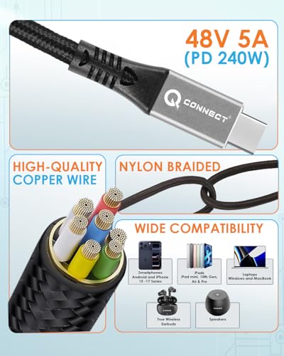 Image of Q- CONNECT Type C to Type C 2Mtr USB 3.2 with 240W PD and 40Gbps Data Transfer with 4K /60Hz Video Transmission-Nylon Braided High Speed Charging /Sync Cable with Aluminum Connector (2year warranty)