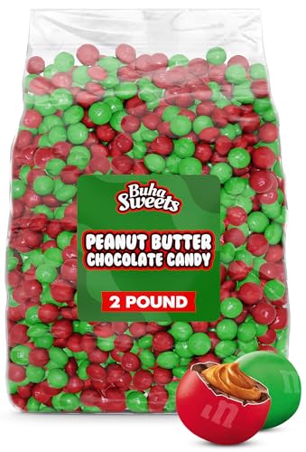 Bulk Christmas Peanut Butter Chocolate Candy 2 Pound - Red & Green Candy Coated Peanut Butter Filled Milk Chocolates - Festive Holiday Candy Mix For Baking, Decorating, Party Bowls, Gift Bags & Stocking Stuffers