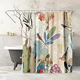 Americanflat 71x74 Floral Shower Curtain - Water-Resistant Long Shower Curtain with Metal Grommets and 12 Hooks - 100% Polyester - Botanical Bathroom Curtains - Beige, Blue, Green, Coral and Pink