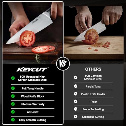 Image of KEYCUT 13 PCS Knife Set with Block, Upgraded 5Cr15Mov High Carbon Stainless Steel Kitchen Knife Sets with Block and Sharpener, Ergonomic Full-Tang Handle, Professional Kitchen Knife Set