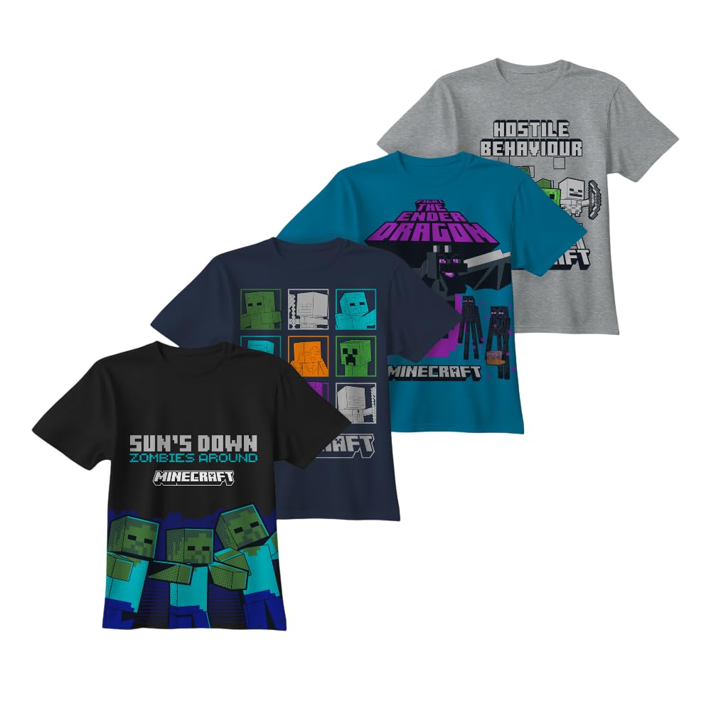 Minecraft Maglietta a maniche corte da ragazzo, confezione da 4 - Creeper, Ender Dragon, Skeleton, Zombie Graphic Set per bambini