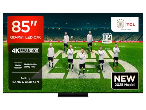 TCL 85C7K 85 Zoll QD-Mini LED Fernseher, 4K HDR Premium 3000, Smart Google TV mit 144Hz Motion Clarity Pro (Dolby Vision IQ & Atmos, CrystGlow HVA Panel, Audio von Bang & Olufsen, Game Master)
