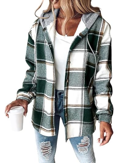 CHICME Womens Lightweight Casual Jacket 2025 Plaid Long Sleeve Shacket Fleece Lined Hooded Jackets Warm Coat