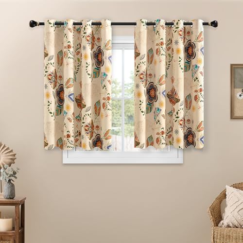 Image of XiDi Boho Blackout Beige Floral Curtains for Cafe Kitchen 54 Inches Long | 2 Panels Vintage Flower Patterned Curtain Thermal Soundproof Grommet Window Treatments Drapes for Bedroom Living Room 52Wx54L