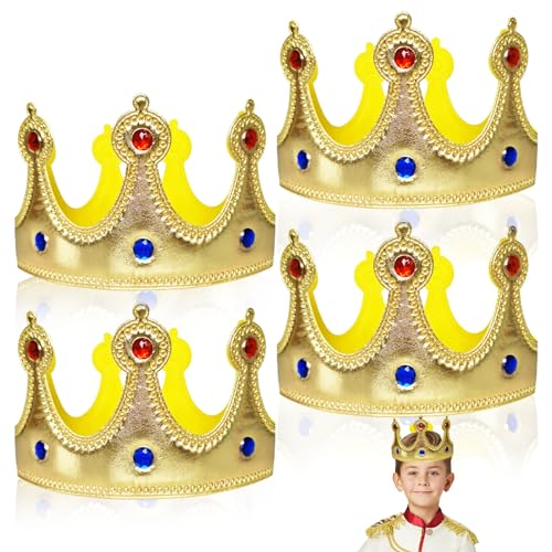 XNIVUIS 4 Piezas Corona de Rey Corona,Corona del Rey Corona de Tela de Cumpleaños,Rey y Reina Corona Princesa Tiara,para Niños Adultos Reyes Carlos Coronación Fiesta de Carnaval(Oro)