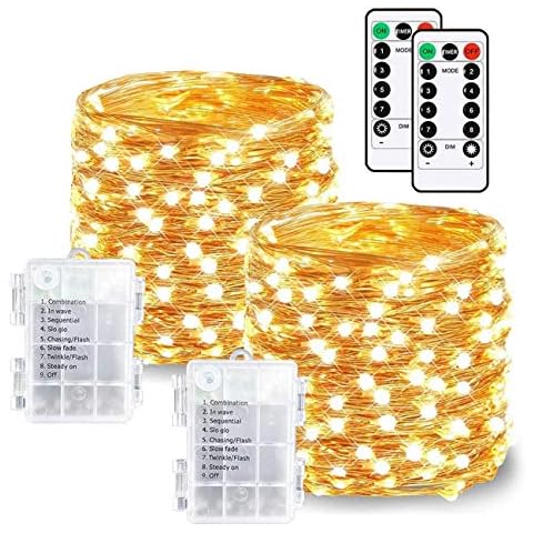 LED String Lights Battery Operated Fairy Lights 8 Modes 33ft 100 Led Waterproof Copper Wire Lights with Remote and Timer for Christmas Party Wedding Garden Bedroom Outdoor(Warm White, 2 Pack) Cover