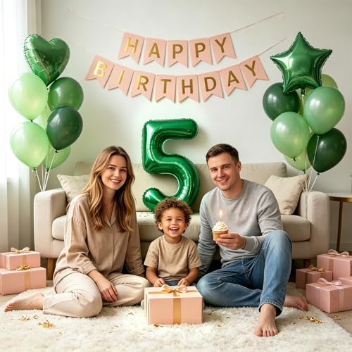 Image of TONIFUL 5th Birthday Balloons 40 Inch Green Large Number 5 Foil Balloon 18 Inch Helium Mylar Heart Star Shaped Ballons for Boys Men Birthday Anniversary Graduation New Year Eve Party Decoration