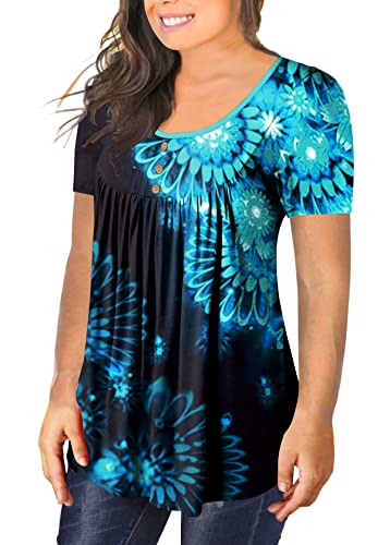 Ulovmi Plus Size Tunic Tops For Women Summer Blouses Casual Shirts Ruffle Flowy Short Sleeve Tshirts Dressy Oversized To Wear With Leggings Colorful Blue Flower Xl #TOP1
