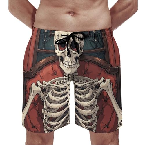 Mens Shorts Skeleton Reading Men Swim Trunks Quick-Dry Beach Shorts with Drawstring Pocket Bathing Suit