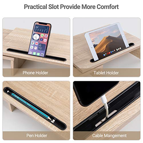 AMERIERGO-Dual-Monitor-Stand-Adjustable-Length-and-Angle-Dual-Monitor-Riser-Computer-Monitor-Stand-w2-Slot-Desktop-Organizer-Monitor-Stand-Riser-for-PC-Computer-Laptop-Wood