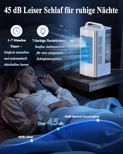 mobile klimaanlage 4- in- 1 mit 1700ml Wassertank, Mini klimagerät Leise, portable air conditioner mit Fernbedienung, 120° Oszillation, 3 Windstufen, 2 Nebelmodi, Timer & Nachtlicht camping-4