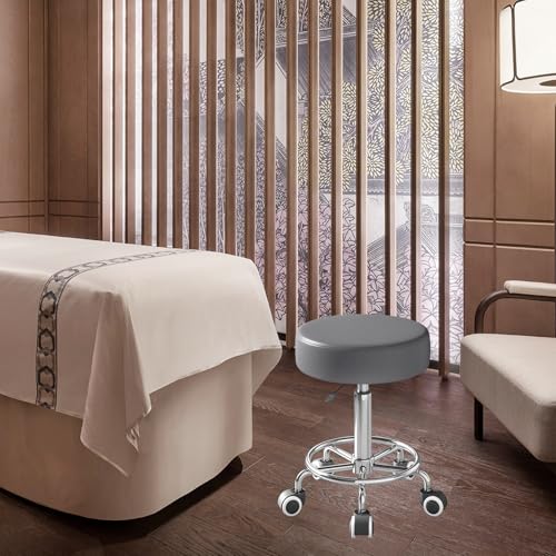 Image of Rolling Stool, Heavy Weight Capacity 250lb, PU Leather Rolling stools, Ultra Soft Padded Seat, Rolling Stools with Wheels and Footrest, 360 Swivel, Spa Drawing Salon Work Office Tattoo Stool (Grey)