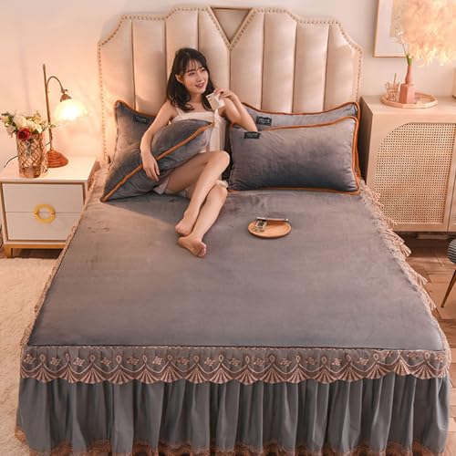 Fzigenle ベッドスカート レース 120*200 フランネル セミダブル 上品 厚手 フランネル グレー 枕カバー 姫系 無地 ベッドカバー 秋冬 暖かい 柔らか ダブル キング ベッドスプレッド マットレスカバー フリル付き 静電気防止 洗える