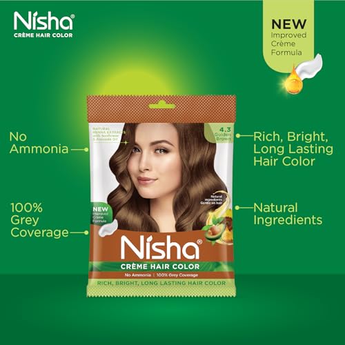 Image of Nisha Creme Hair Color, Permanent Hair Colour Golden Brown, Silky & Shiny 100% Grey Coverage Rich Bright Long Lasting Hair Colouring For Ultra Soft Deep Shine Hair Dye (Pack of 1)