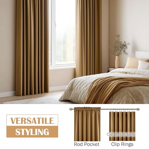 Beauoop Golden Brown Velvet Curtains 84 Inches Long 2 Panels for Bedroom Living Room Soft Luxury Room Darkening Thermal Insulated Soundproof Rod Pocket Window Treatments Drapes, 52X84 Set of 2 - Image 3