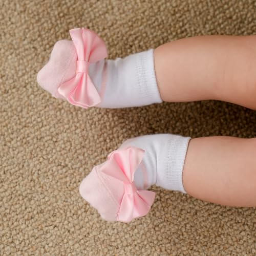 Yeshsore Baby Girls Socks with Grips and Bow, Toddler Non-Slip Cotton Floor Ankle Socks for Infant Toddlers and Kids 3 Pairs4